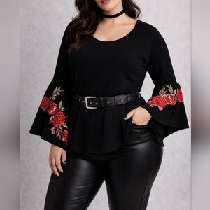 Always Indigo Black Red Rose Floral Bell Sleeve Blouse | Size 2X